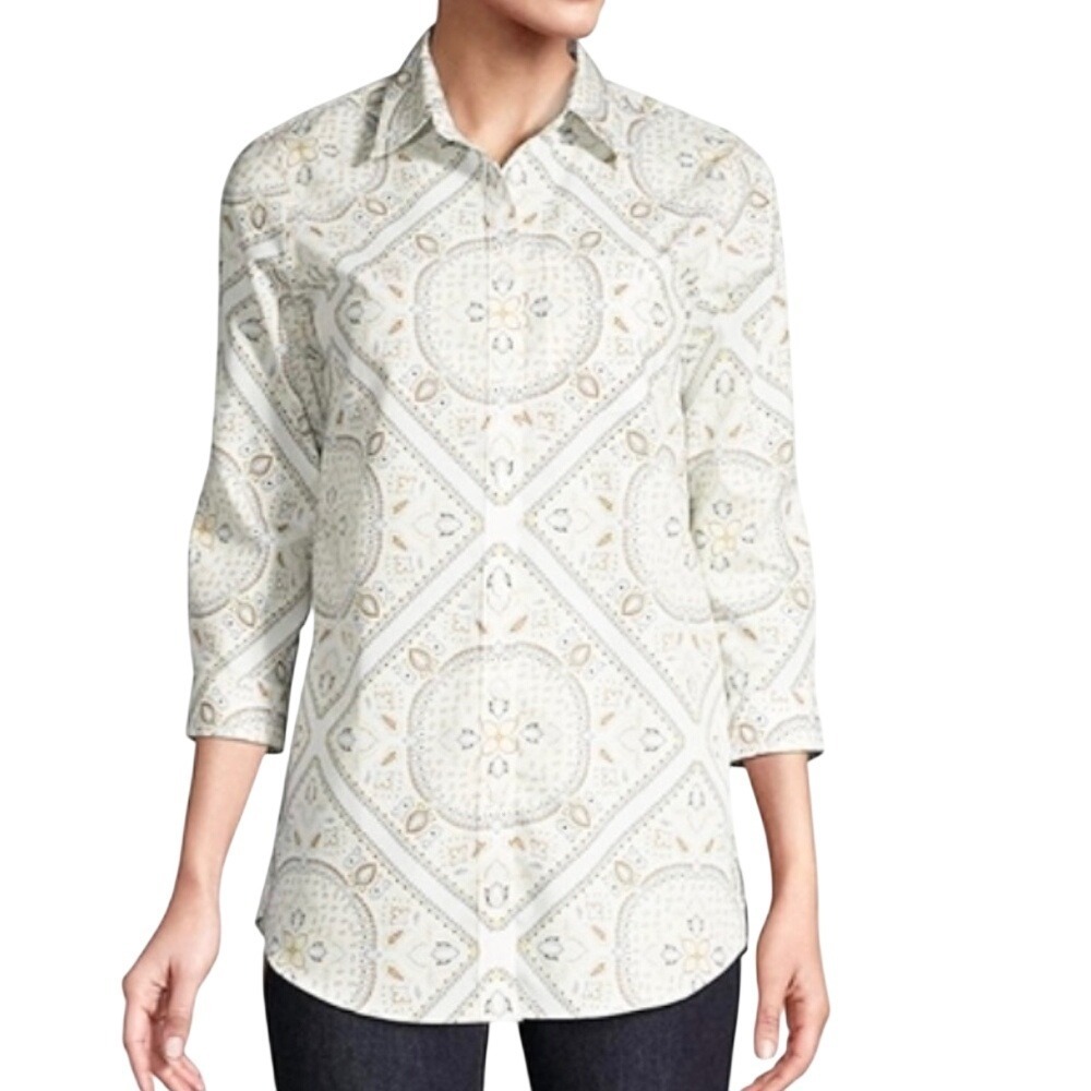 Lands' End Button Down Shirt Supima Cotton 3/4 Sleeve, Women 6 White Blue Tan